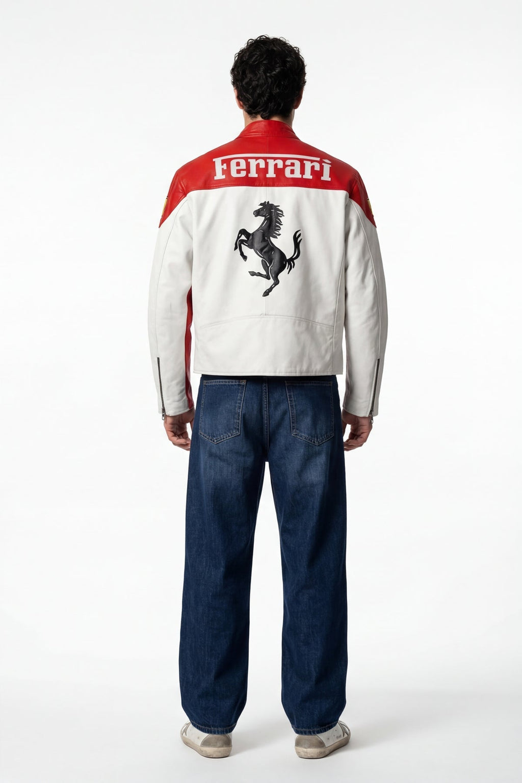 Red and white Ferrari racing jacket with prancing horse logo, back view from revnhaus