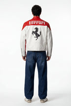 Red and white Ferrari racing jacket with prancing horse logo, back view from revnhaus