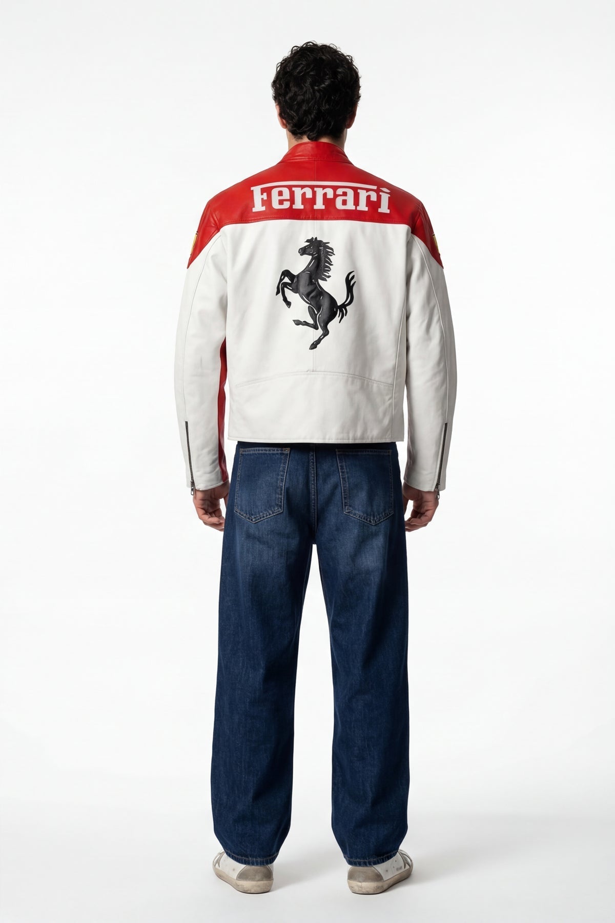 Red and white Ferrari racing jacket with prancing horse logo, back view from revnhaus