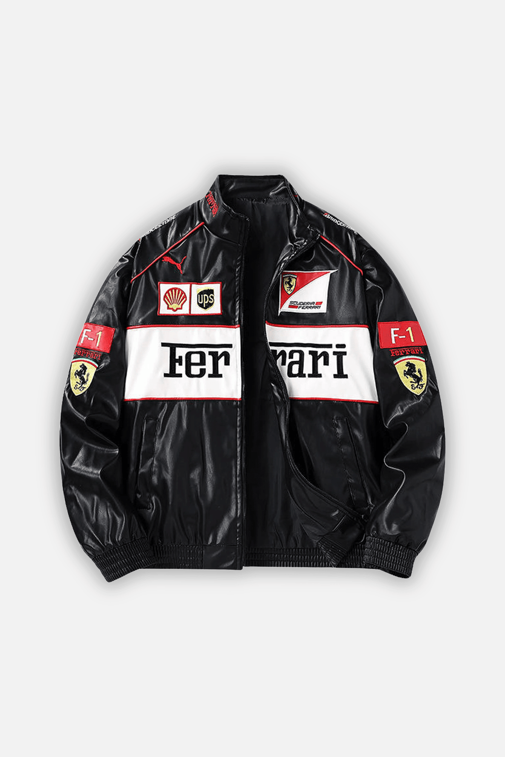 Ferrari F1 racing jacket with Shell, UPS, and Scuderia logos, black and white design from revnhaus