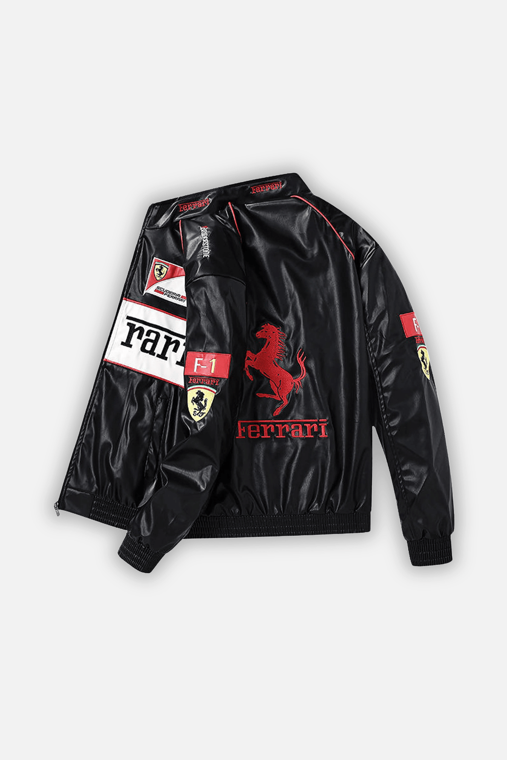 Black Ferrari F1 racing jacket with red prancing horse logo and Scuderia patches from revnhaus