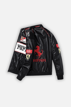 Black Ferrari F1 racing jacket with red prancing horse logo and Scuderia patches from revnhaus