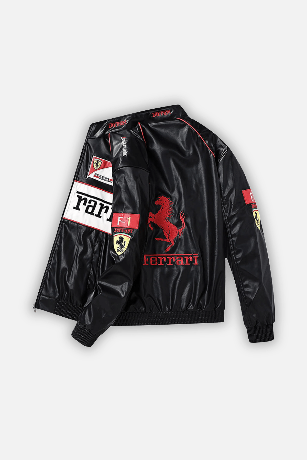 Black Ferrari F1 racing jacket with red prancing horse logo and Scuderia patches from revnhaus