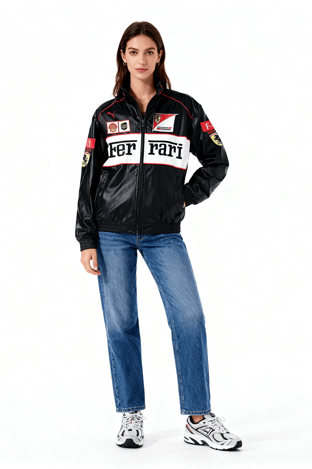 Ferrari F1 racing jacket with Shell and UPS logos, black satin bomber style, from revnhaus