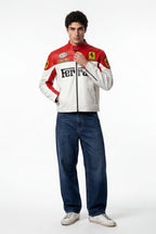 Red and white Ferrari racing jacket with Michelin and Aramco logos, worn with jeans from revnhaus