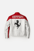 White and red Ferrari racing jacket with black prancing horse logo from revnhaus