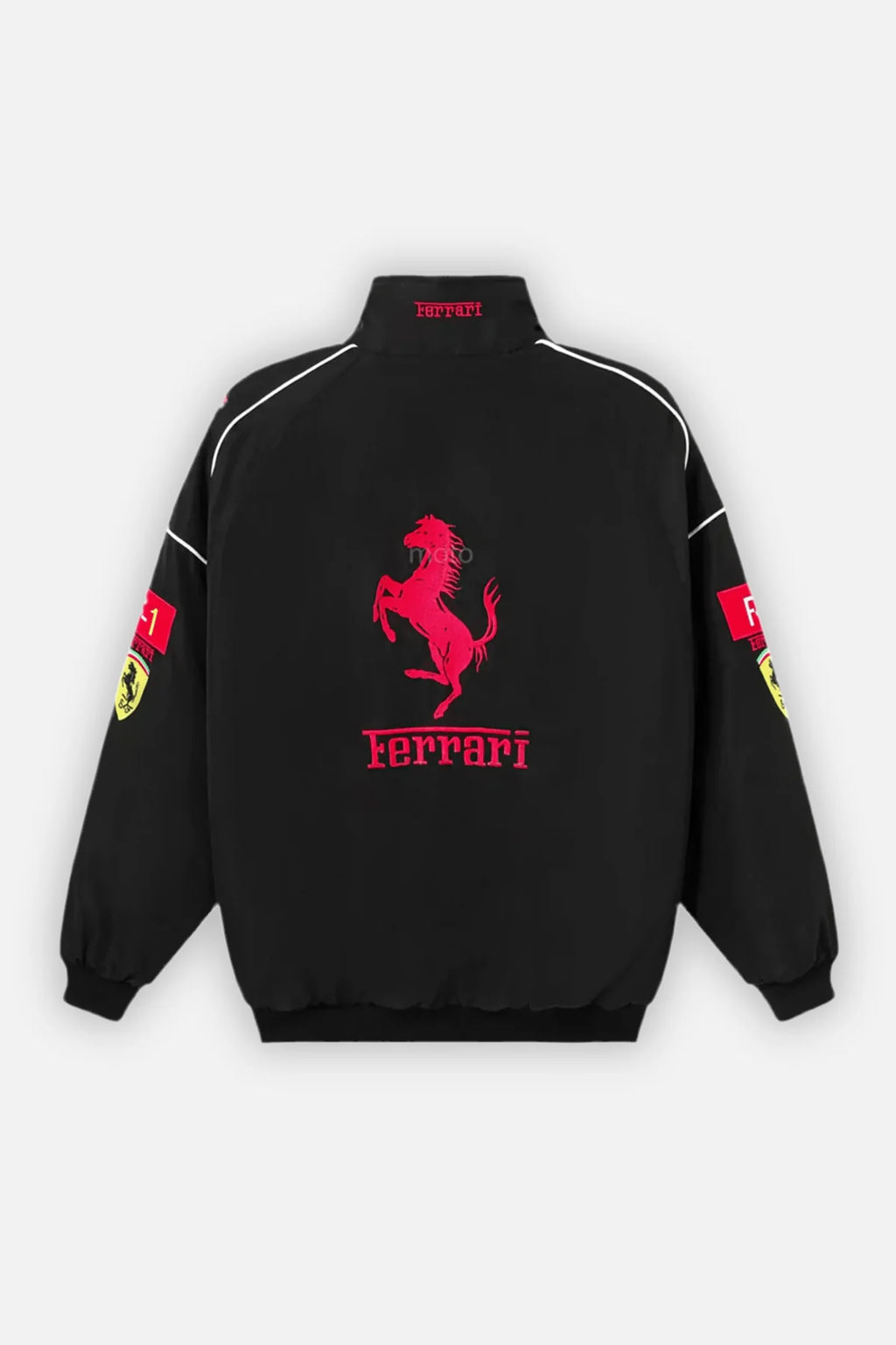 Black Ferrari racing jacket with red prancing horse logo and sleeve patches from revnhaus