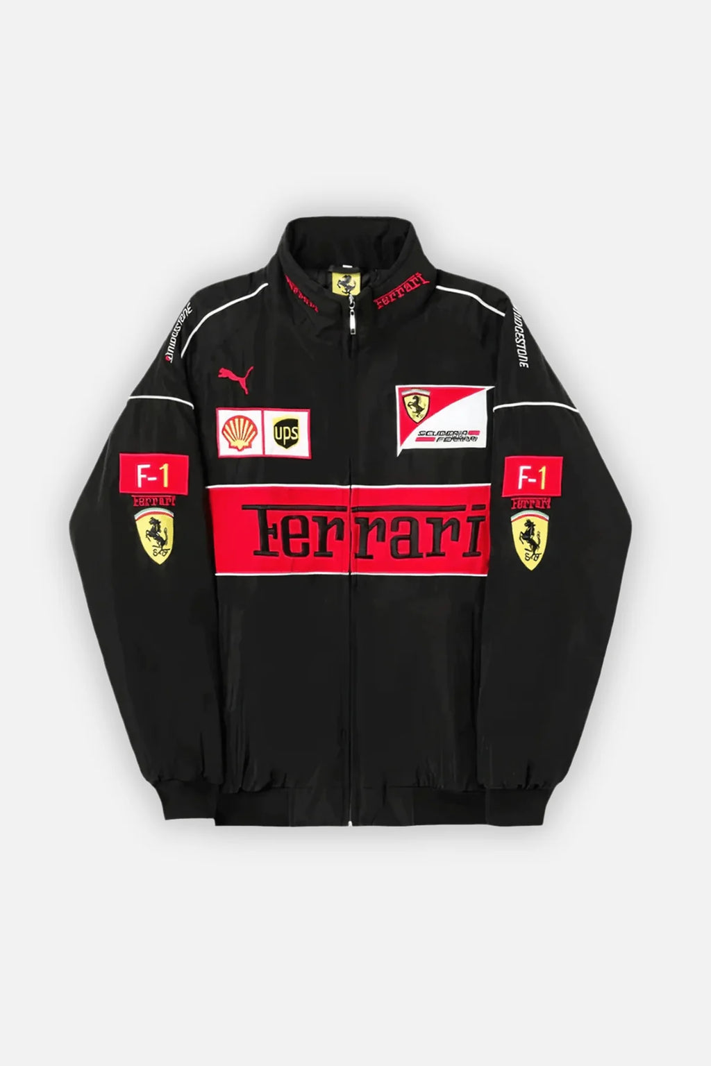 Black Ferrari F1 racing jacket with red accents, Shell and UPS logos, from revnhaus
