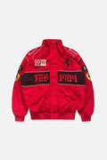 Red Ferrari racing jacket with Vodafone and Shell logos, embroidered Fer rari text from revnhaus