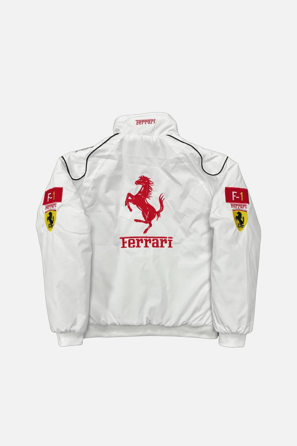 White Ferrari F1 racing jacket with red prancing horse logo and sleeve patches from revnhaus