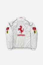 White Ferrari F1 racing jacket with red prancing horse logo and sleeve patches from revnhaus