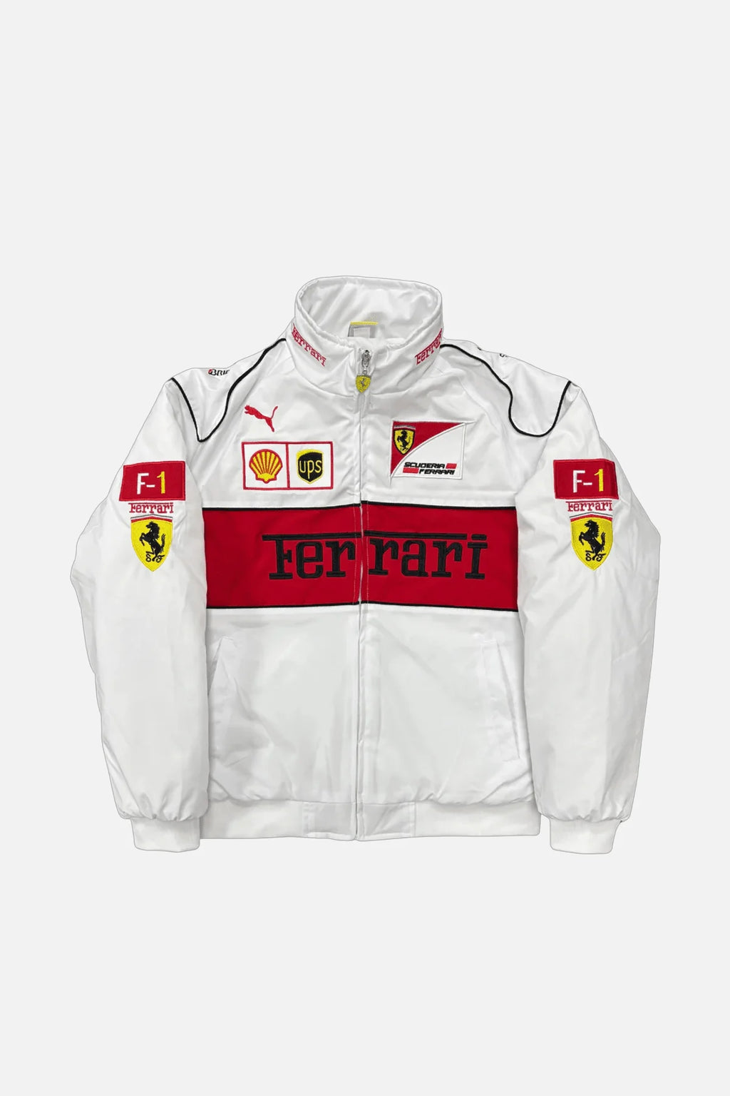 White Ferrari F1 racing jacket with red accents, Shell and UPS logos, from revnhaus