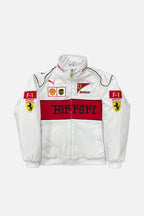 White Ferrari F1 racing jacket with red accents, Shell and UPS logos, from revnhaus