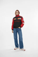 F1 racing jacket with Marlboro and Ferrari logos, red and black motorsport apparel from revnhaus