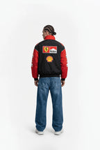 F1 racing jacket with Ferrari, Marlboro, Shell logos, red and black design from revnhaus
