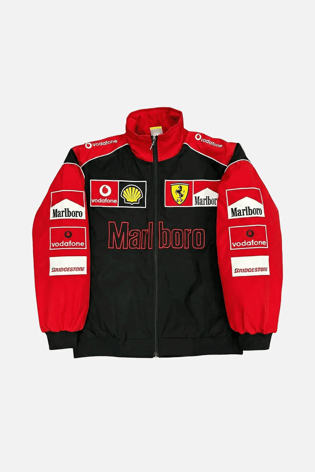 Red and black F1 racing jacket with Marlboro, Ferrari, Vodafone, Shell, Bridgestone logos from revnhaus