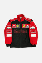 Red and black F1 racing jacket with Marlboro, Ferrari, Vodafone, Shell, Bridgestone logos from revnhaus