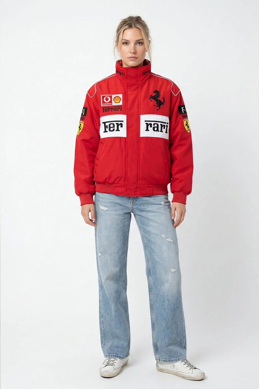 Red Ferrari F1 racing jacket with sponsor logos and prancing horse emblem from revnhaus