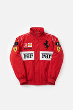 Red Ferrari F1 racing jacket with Vodafone and Shell logos, prancing horse emblem, from revnhaus