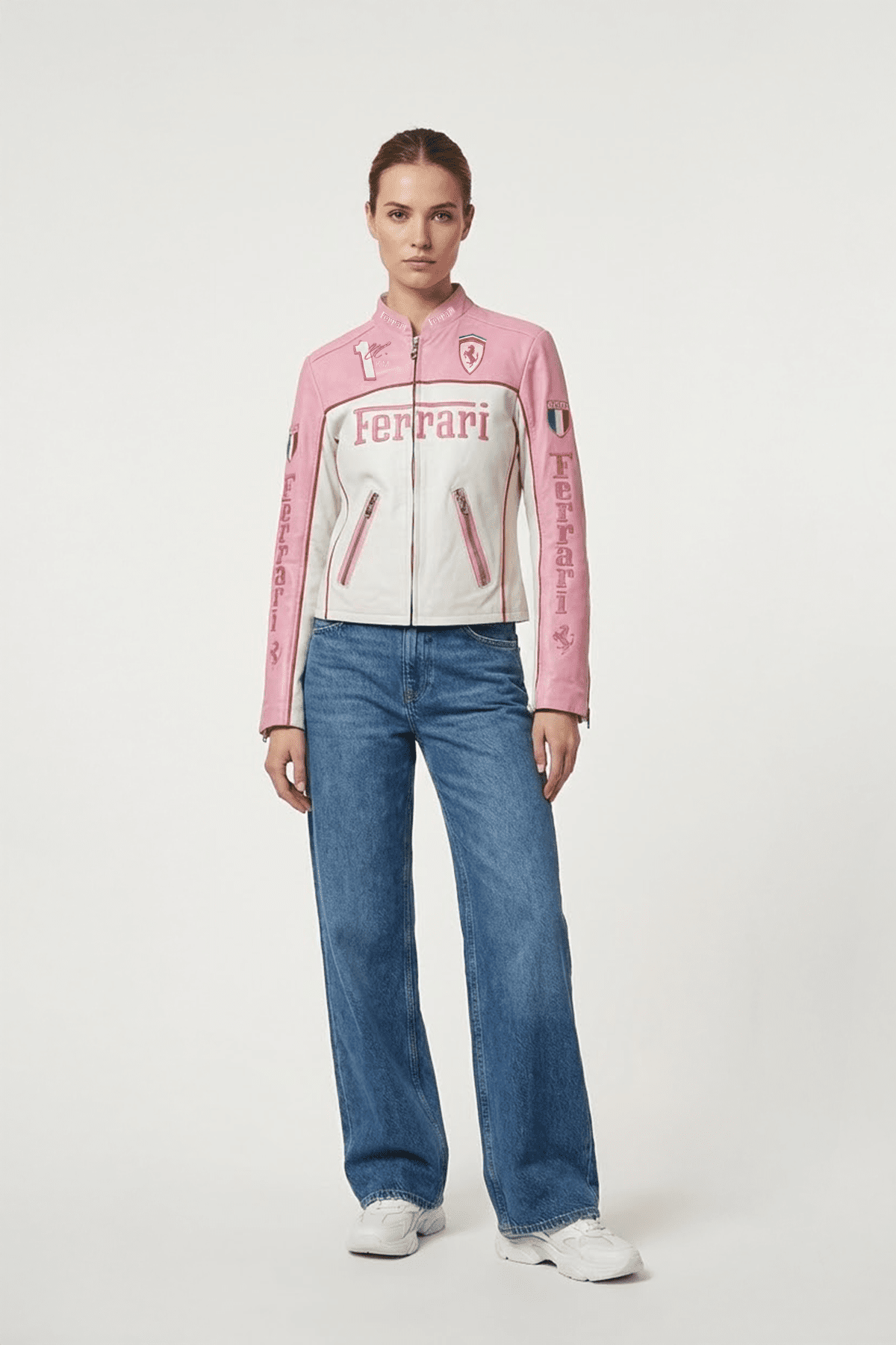 Pink and white Ferrari racing jacket with logo details, styled with jeans and sneakers from revnhaus