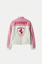Pink and white Ferrari racing jacket with embroidered logo, motorsport apparel from revnhaus