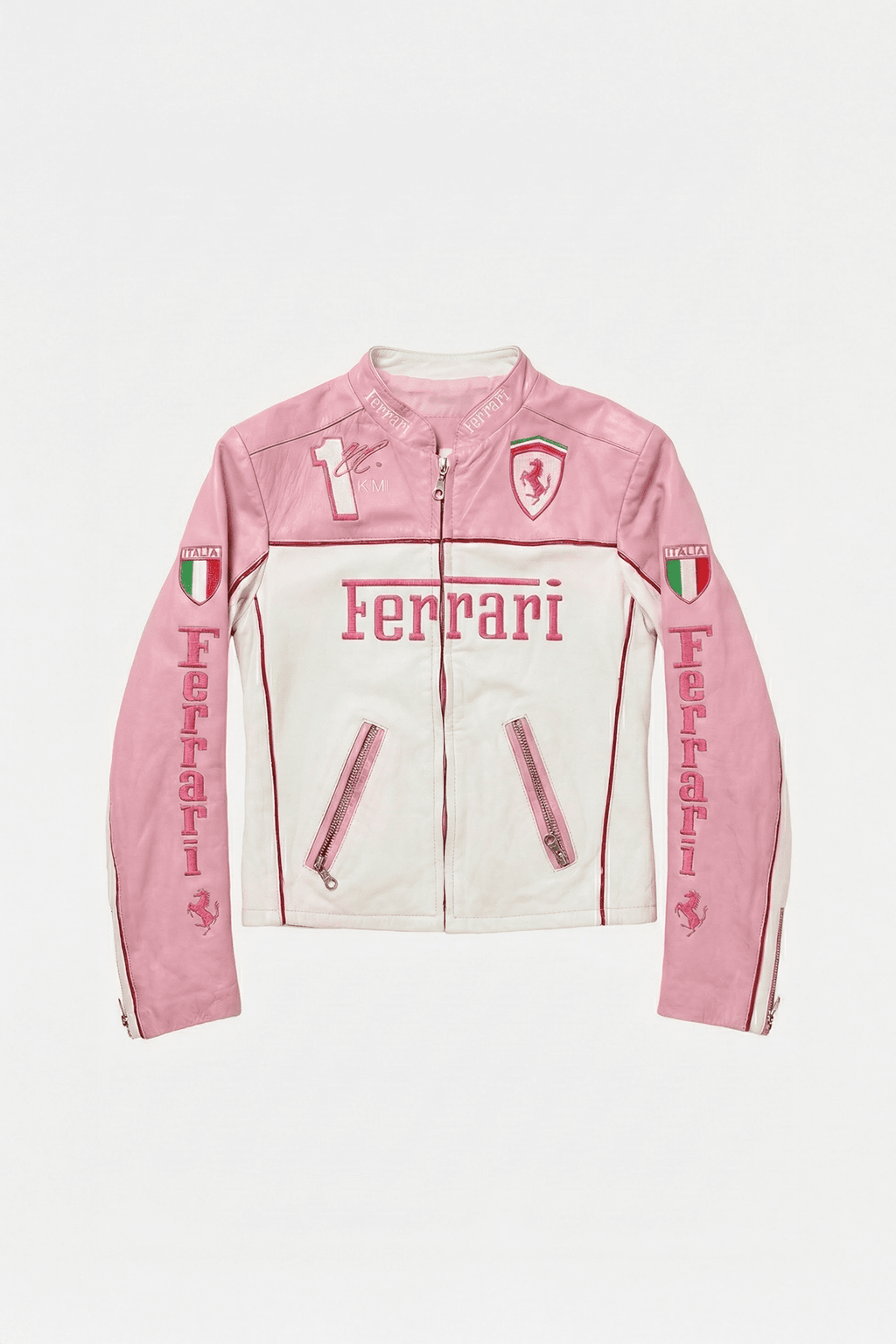 Pink and white Ferrari racing jacket with Italia flags and logo, from revnhaus