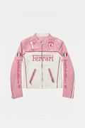 Pink and white Ferrari racing jacket with Italia flags and logo, from revnhaus