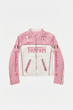 Pink and white Ferrari racing jacket with Italia flags and logo, from revnhaus