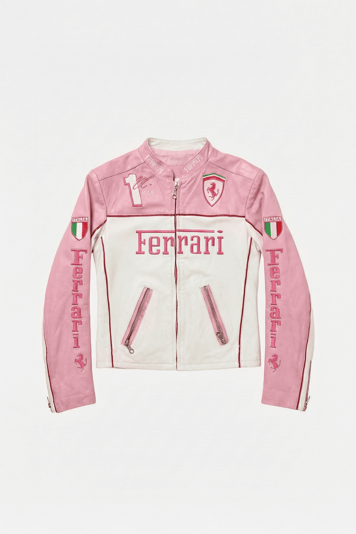 Pink and white Ferrari racing jacket with Italia flags and logo, from revnhaus