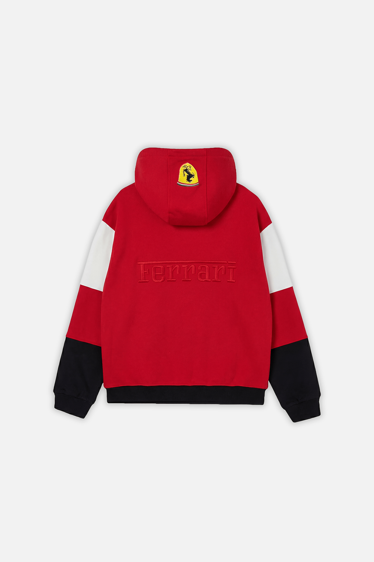 Red Ferrari hoodie with embroidered logo and color-block sleeves from revnhaus