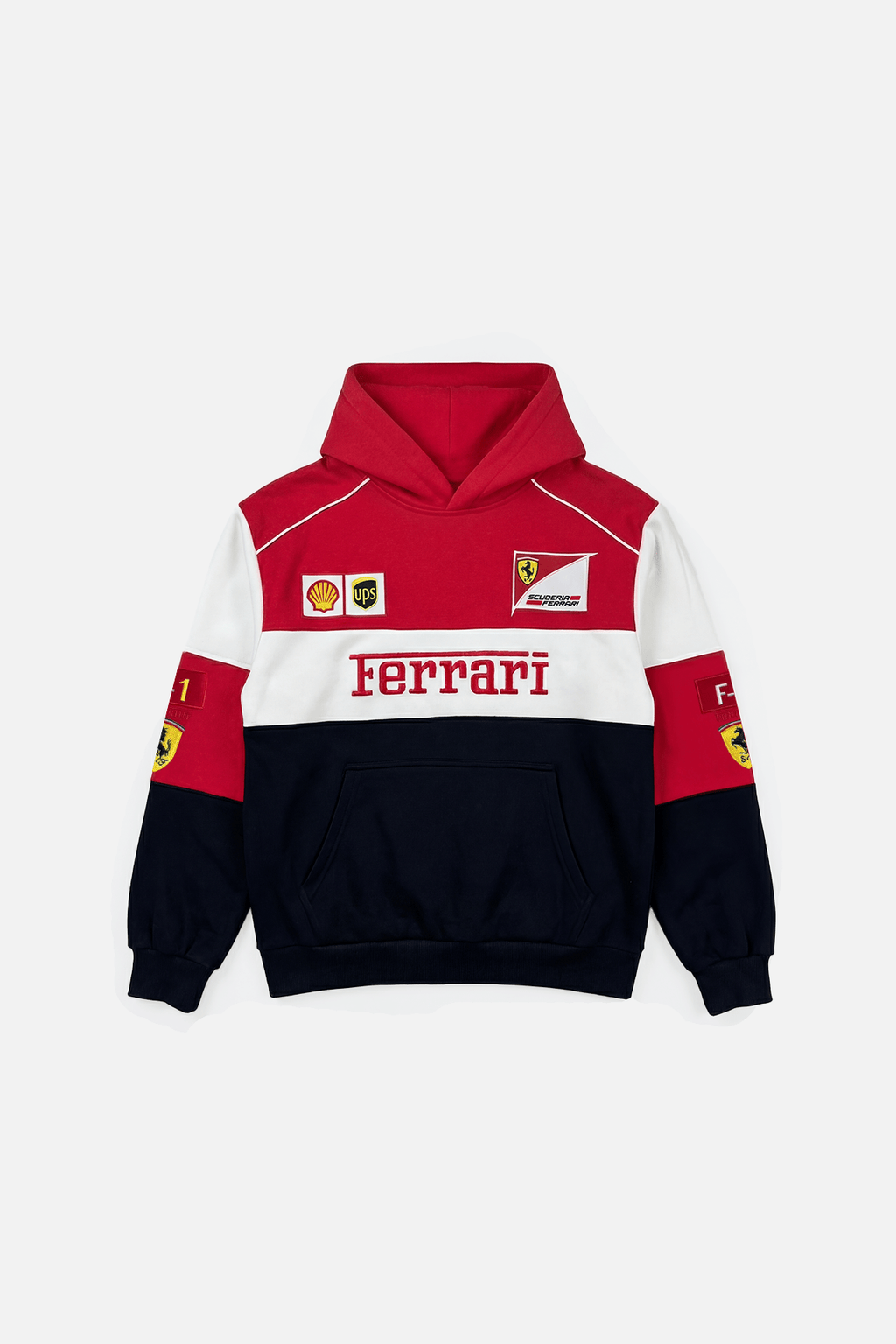 Ferrari F1 racing hoodie with Scuderia logos, Shell and UPS patches, red white navy design from revnhaus