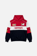 Ferrari F1 racing hoodie with Scuderia logos, Shell and UPS patches, red white navy design from revnhaus