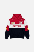 Ferrari F1 racing hoodie with Scuderia logos, Shell and UPS patches, red white navy design from revnhaus