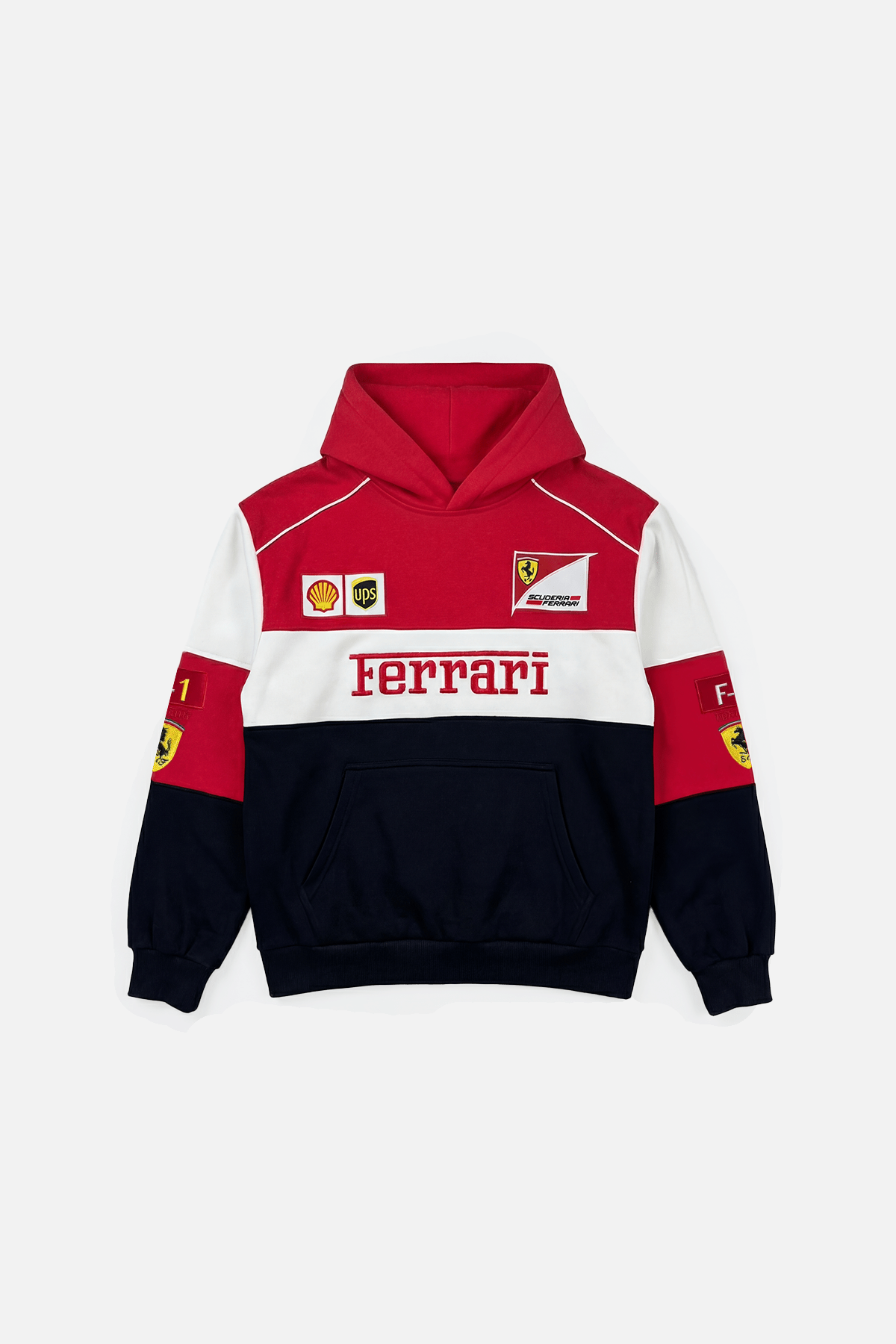 Ferrari F1 racing hoodie with Scuderia logos, Shell and UPS patches, red white navy design from revnhaus