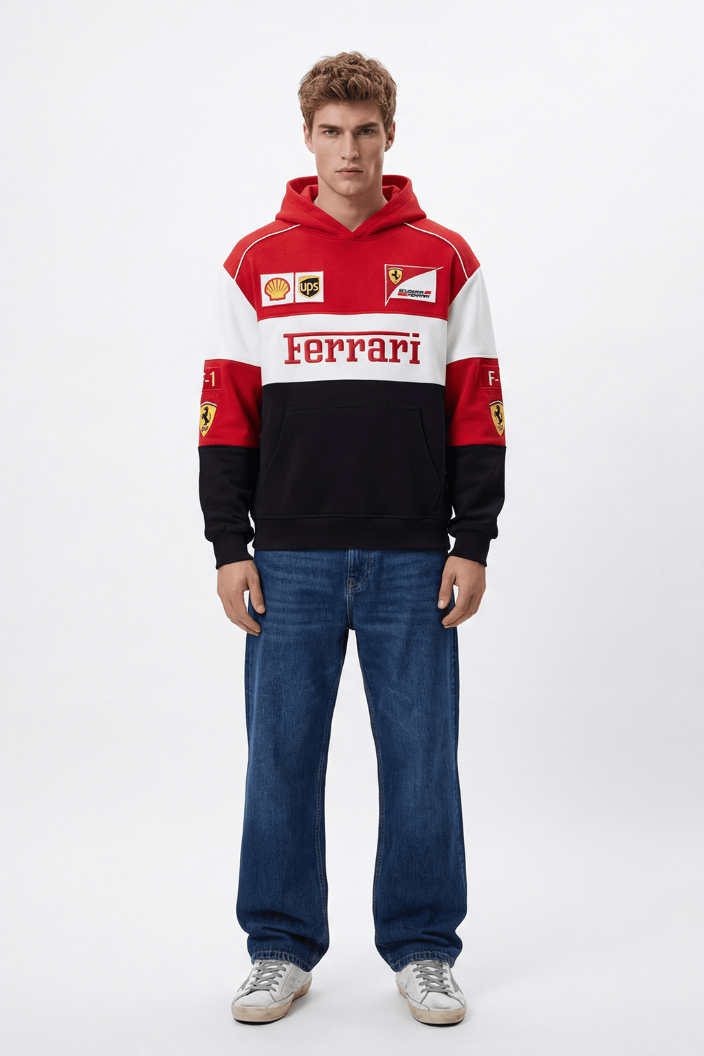 Ferrari F1 racing hoodie with Shell and UPS logos, red white black design from revnhaus