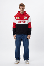 Ferrari F1 racing hoodie with Shell and UPS logos, red white black design from revnhaus