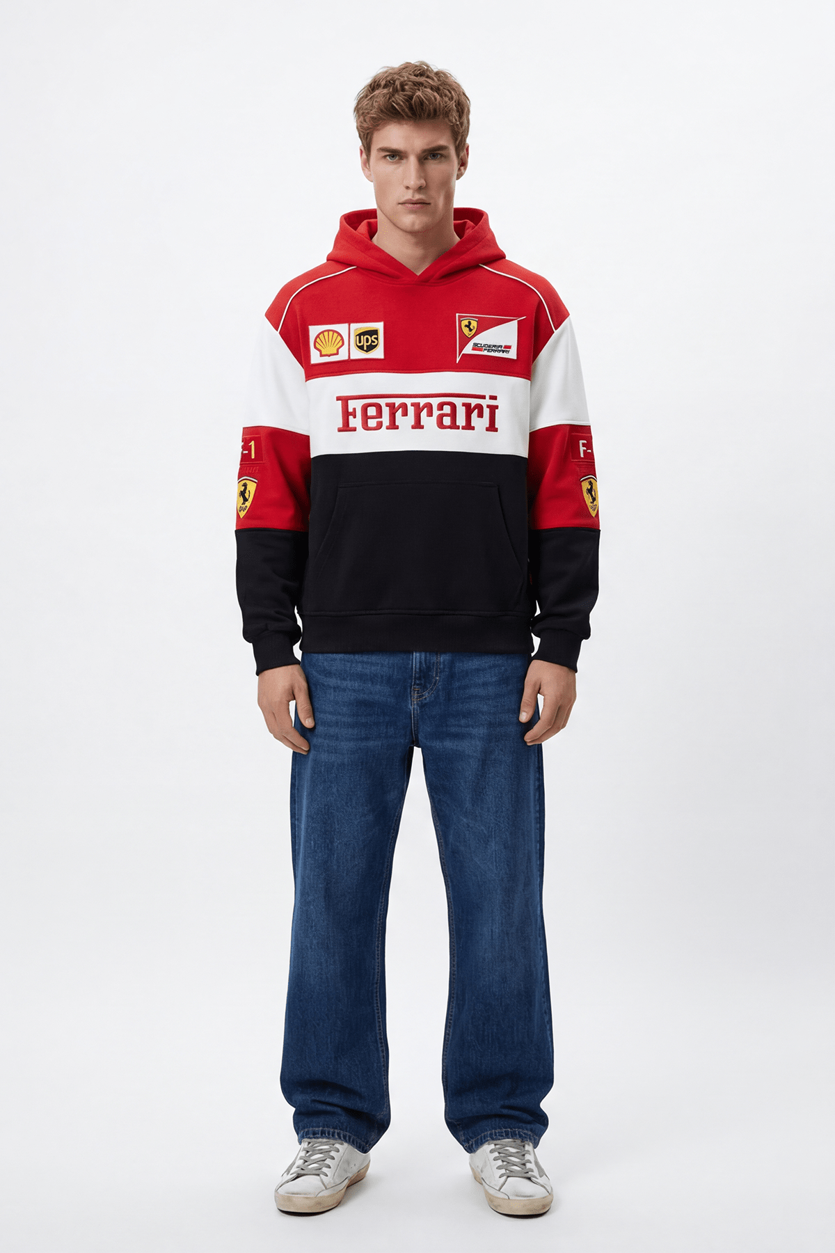Ferrari F1 racing hoodie with Shell and UPS logos, red white black design from revnhaus