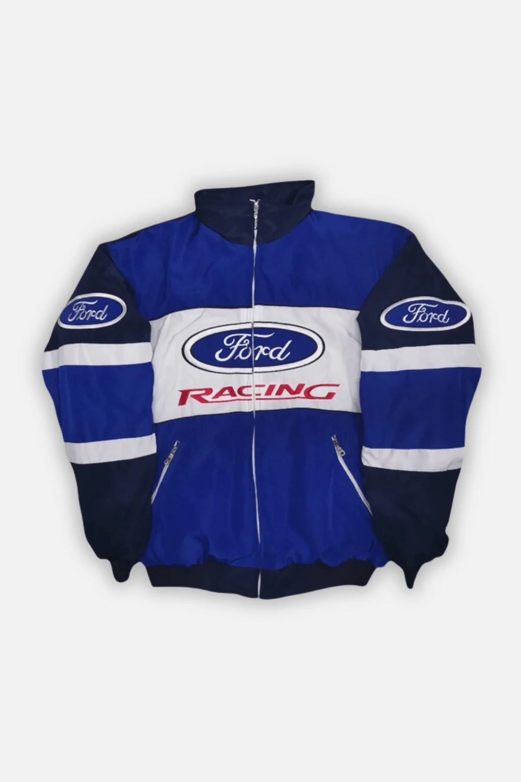 Ford Racing jacket with blue, white, and navy design, featuring Ford logos and zippered pockets from revnhaus