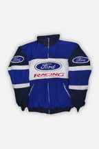 Ford Racing jacket with blue, white, and navy design, featuring Ford logos and zippered pockets from revnhaus