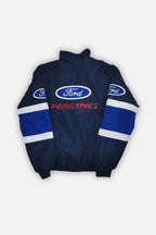 Ford Racing bomber jacket with blue and white stripes, motorsport apparel from revnhaus