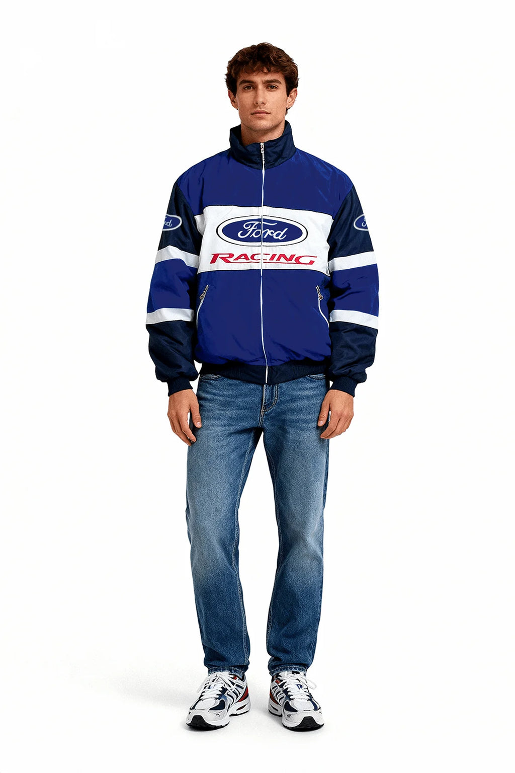 Ford Racing blue and white motorsport jacket with logo, worn with jeans and sneakers from revnhaus