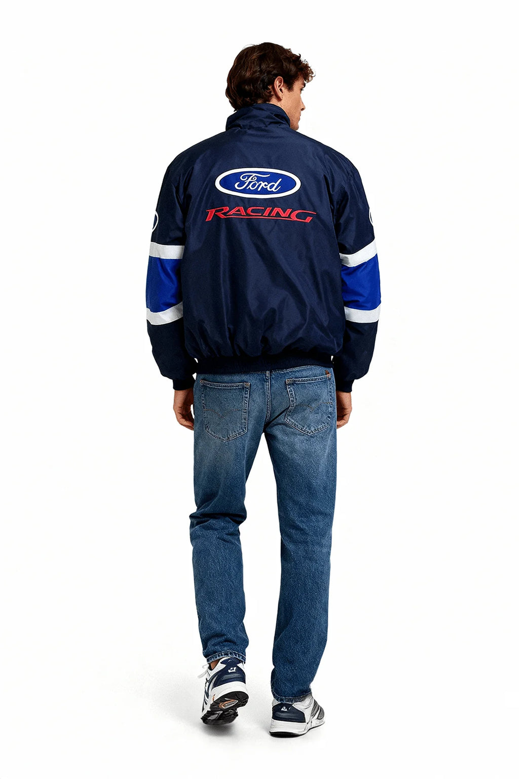 Ford Racing bomber jacket with blue and white stripes, worn by man in jeans from revnhaus