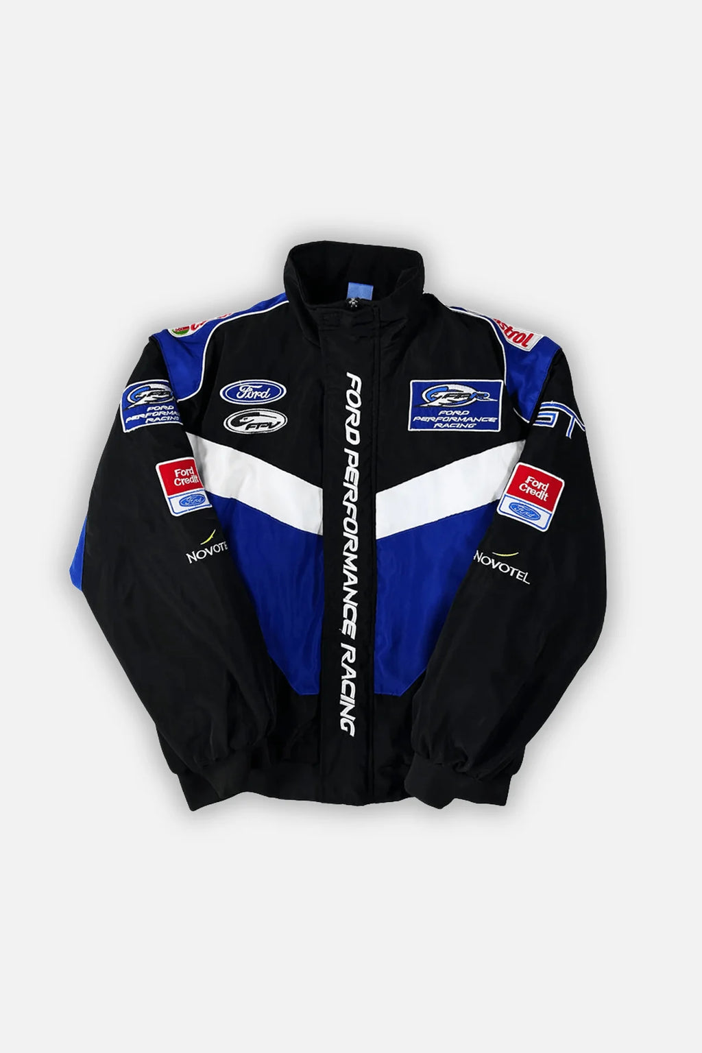 Ford Performance Racing motorsport jacket with sponsor logos, black blue white design from revnhaus