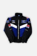 Ford Performance Racing motorsport jacket with sponsor logos, black blue white design from revnhaus