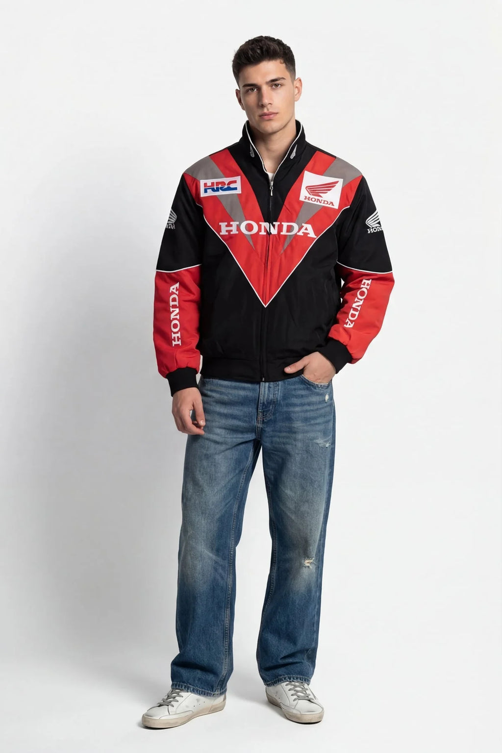 Honda HRC racing jacket with red black design, motorsport apparel from revnhaus