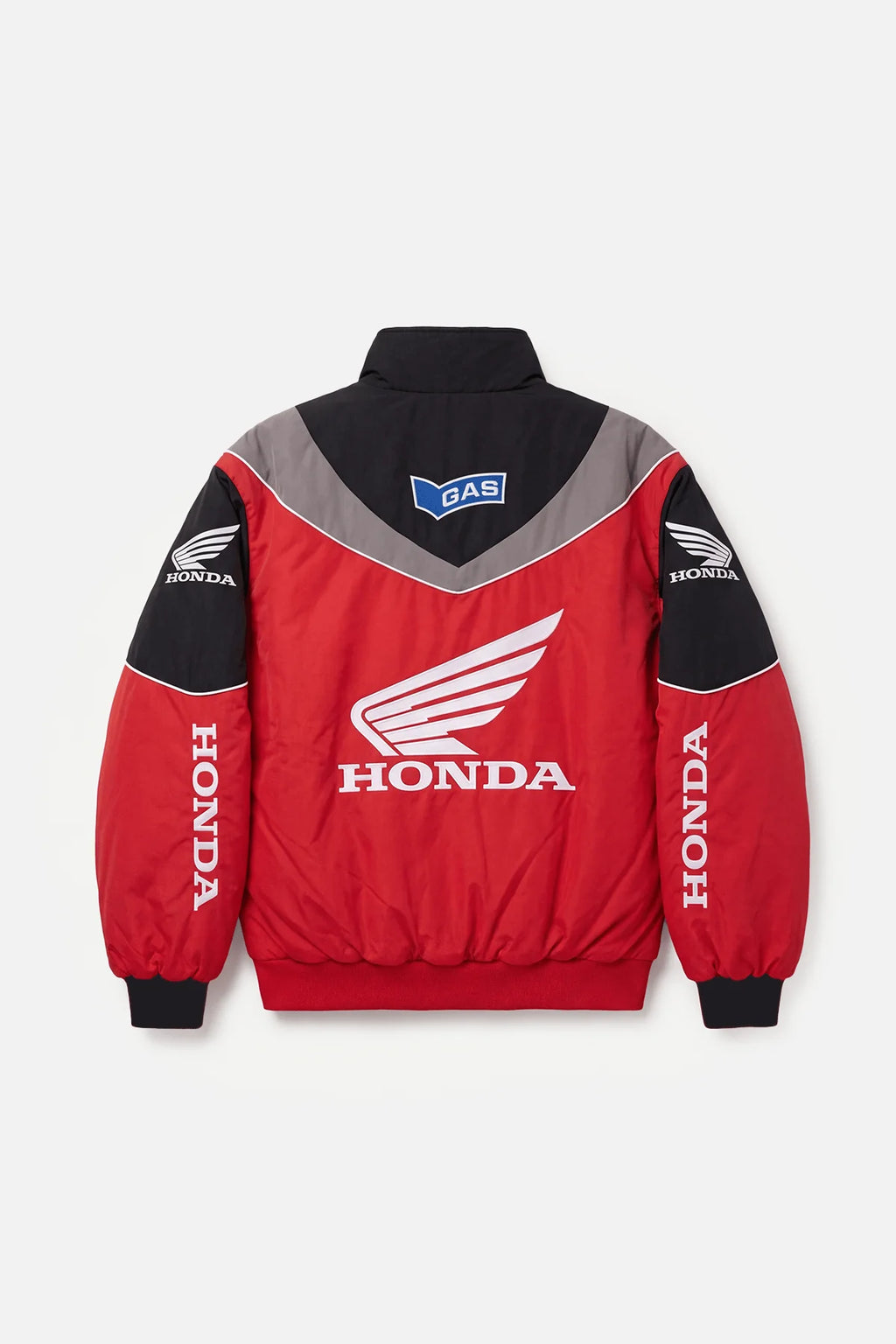 Red Honda racing bomber jacket with wing logo and GAS patch from revnhaus