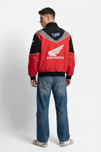 Red and black Honda racing bomber jacket with wing logo and GAS patch from revnhaus