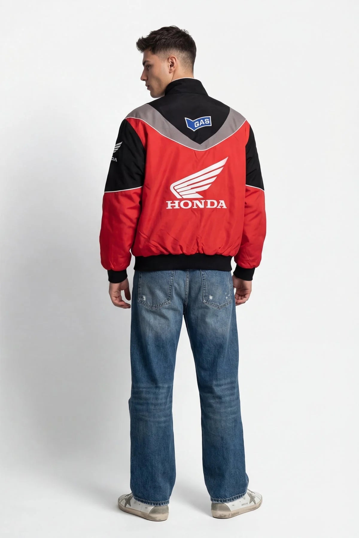 Red and black Honda racing bomber jacket with wing logo and GAS patch from revnhaus