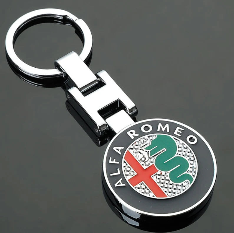 Alfa Romeo logo keychain with chrome finish and enamel emblem from revnhaus