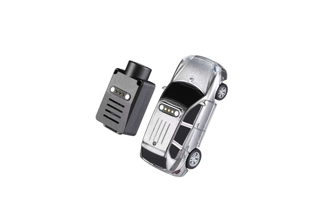 Silver die-cast RC drift car with removable battery pack from revnhaus